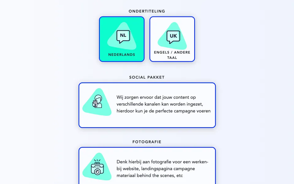 De vraag naar extra opties: onder Ondertiteling twee vierkante tegels, Nederlands (gekozen, mintgroen) en Engels of andere taal, en daaronder twee brede tegels met een icoon en een zin uitleg, Social pakket en Fotografie.