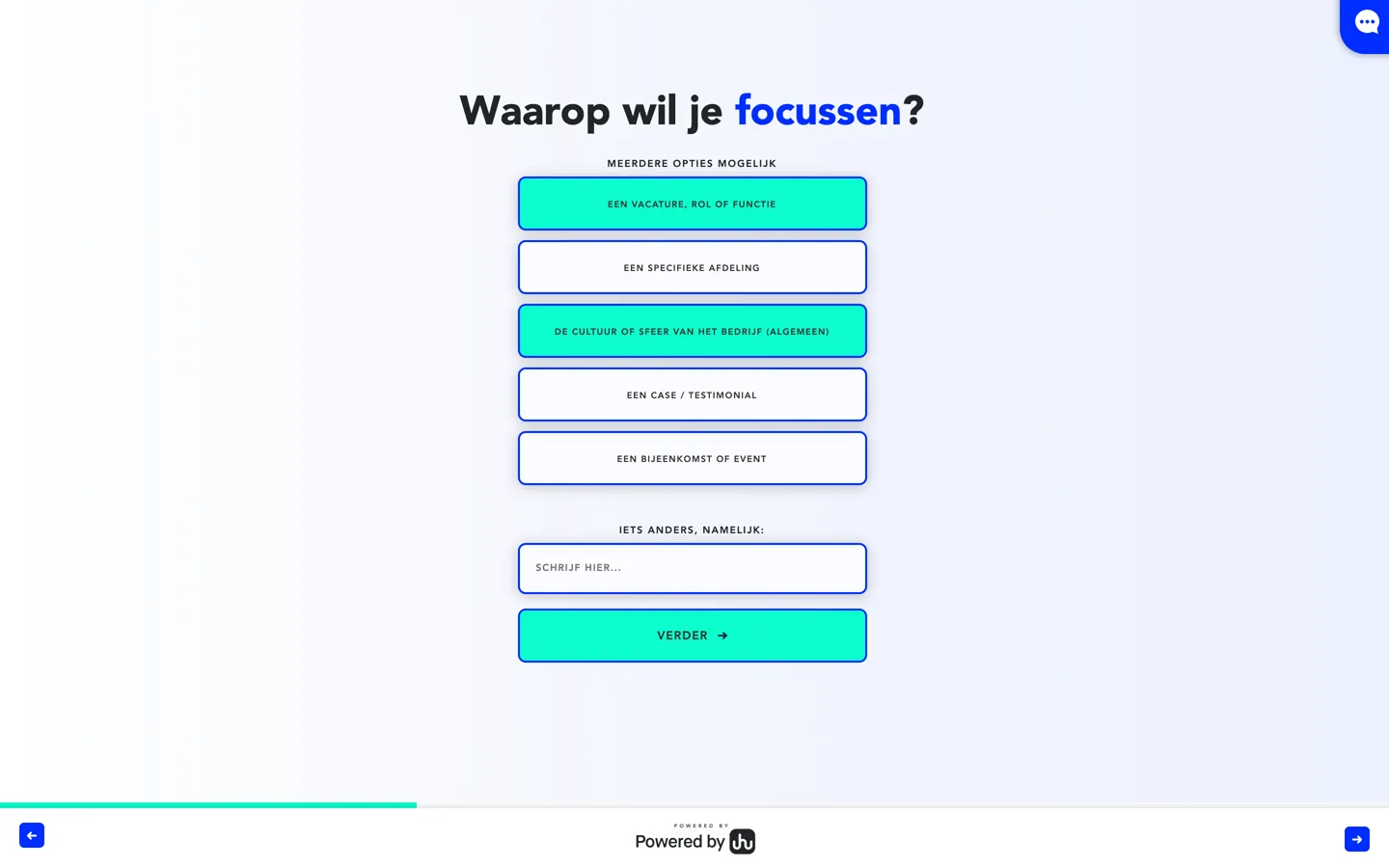 De vraag Waarop wil je focussen? met vijf brede knoppen onder elkaar, van een vacature, rol of functie tot een bijeenkomst of event, twee ervan gekozen, en daaronder een veld voor iets anders.
