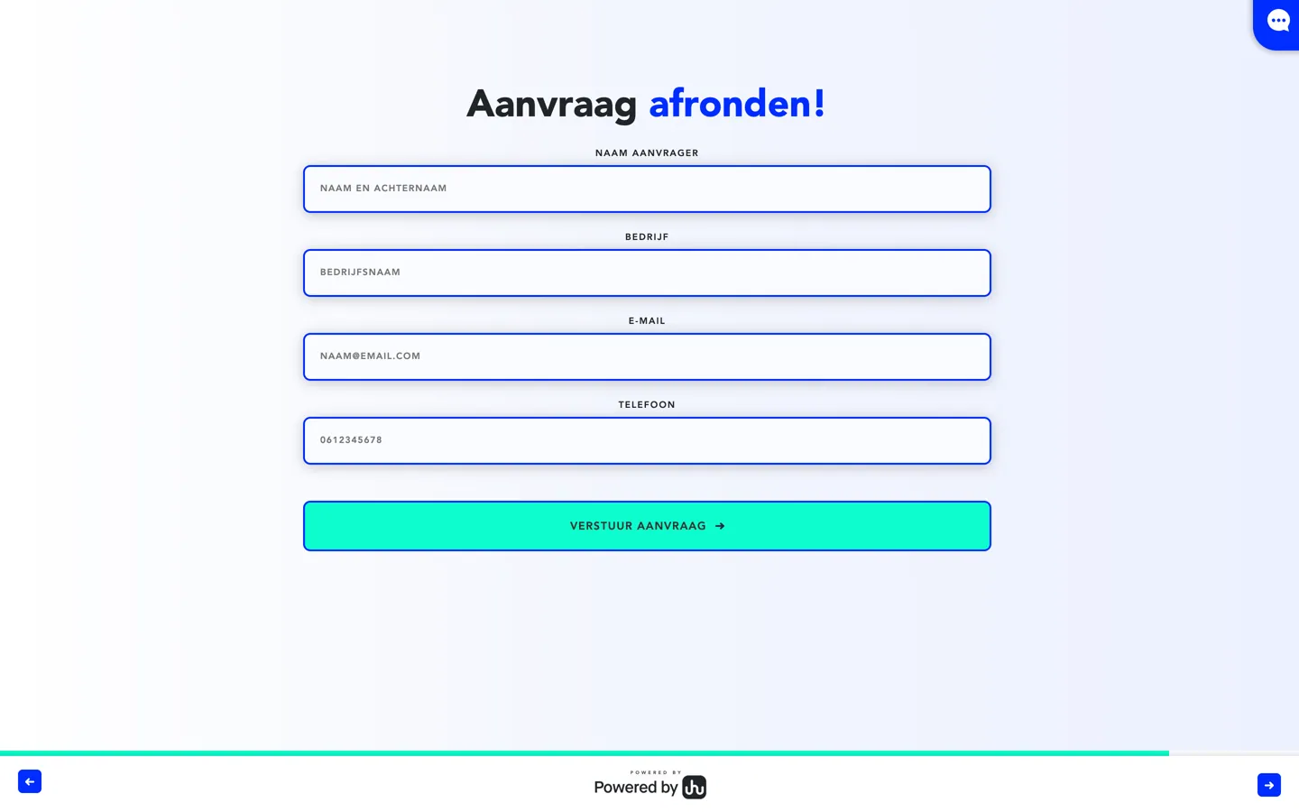 Het scherm Aanvraag afronden! van Myvideoshoot met vier velden onder elkaar, naam aanvrager, bedrijf, e-mail en telefoon, en een mintgroene knop Verstuur aanvraag, met onderin de voortgangsbalk bijna vol en Powered by UHU.