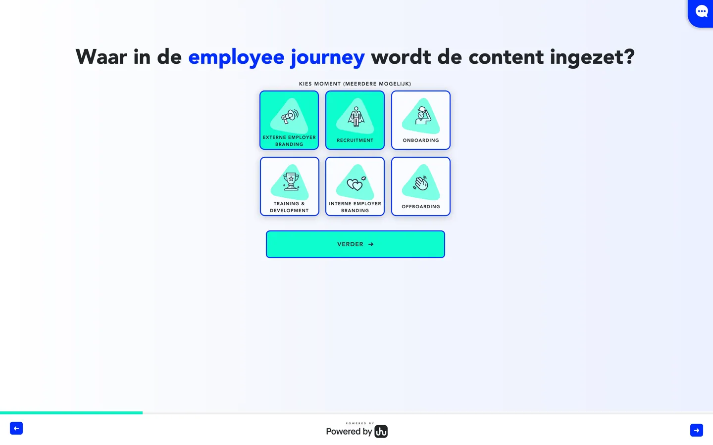 De vraag Waar in de employee journey wordt de content ingezet? met zes tegels, van externe employer branding en recruitment tot onboarding, training en development, interne employer branding en offboarding.