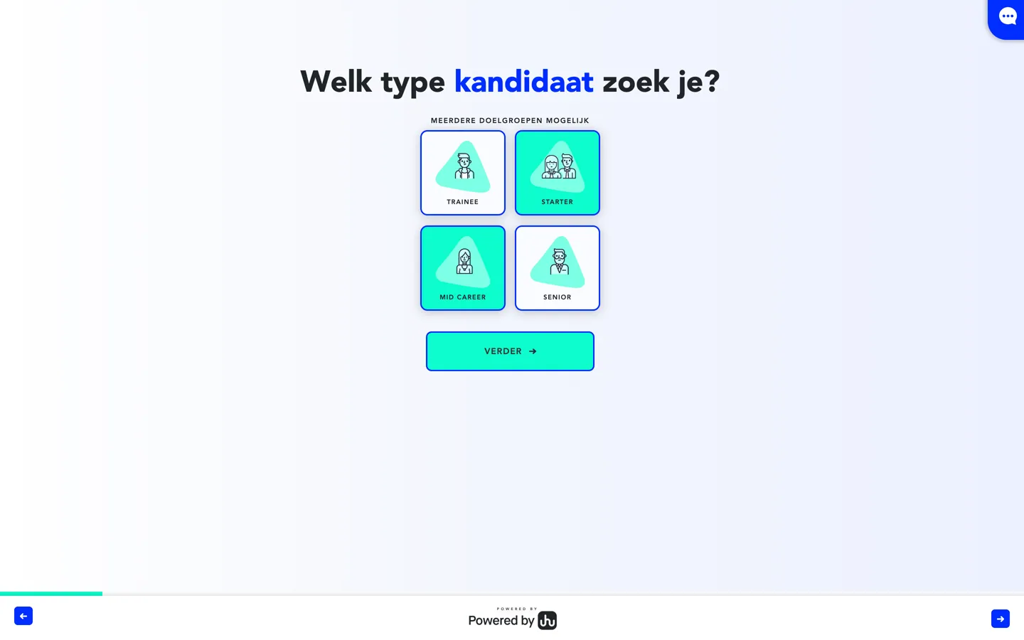 De vraag Welk type kandidaat zoek je? met het woord kandidaat in blauw, vier tegels, trainee, starter, mid career en senior, waarvan starter en mid career gekozen en mintgroen, en de knop Verder.