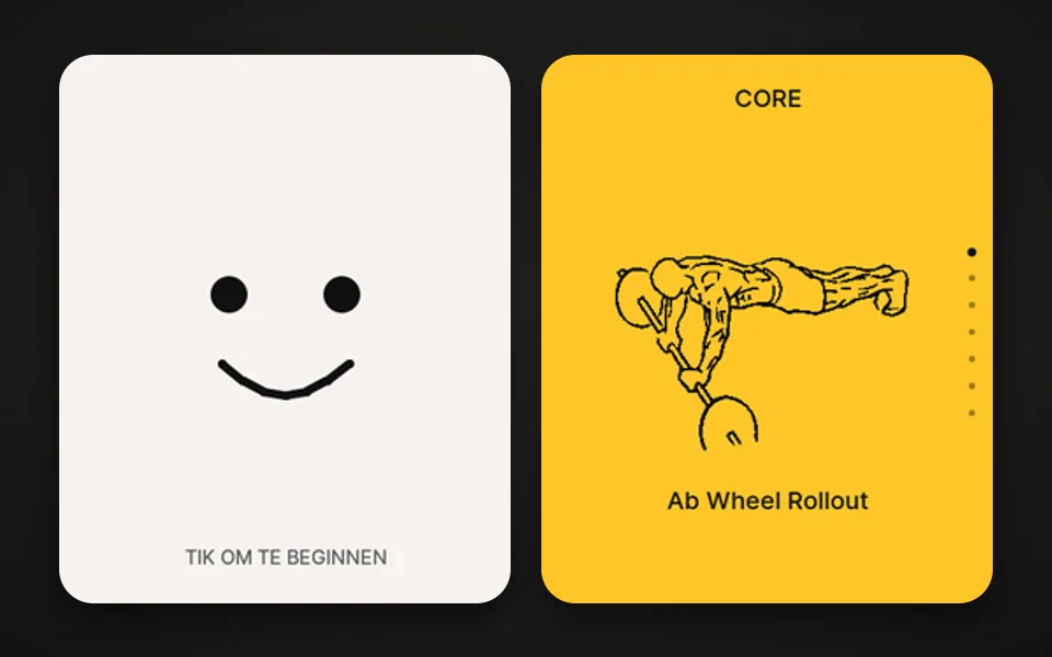 Twee schermafdrukken van het bordje zelf: links een lichtgrijs scherm met een getekend gezicht en TIK OM TE BEGINNEN, rechts geel CORE met Ab Wheel Rollout.