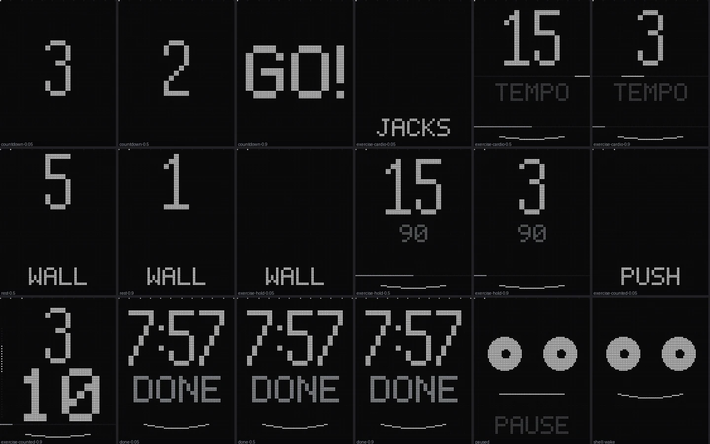 Een raster van achttien zwarte schermpjes in witte stippen: aftellen van 3 naar 2 naar GO!, het woord JACKS, tellers met 15 en 3 boven TEMPO, WALL met 5 en 1, PUSH, drie keer 7:57 boven DONE, een gezicht met grote ogen boven PAUSE, en een gezicht dat wakker wordt.