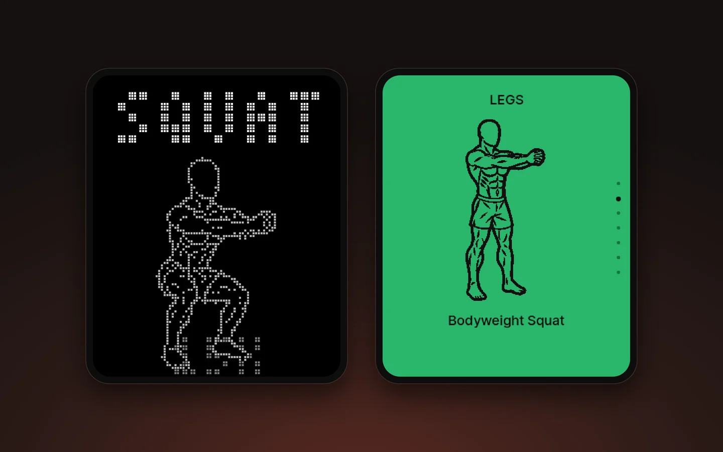 Twee schermpjes van SportBillie: links het woord Squat met een figuur van een squat in witte stippen, rechts de huidige versie met een groen vlak, het label Legs, een zwarte lijntekening van een man met gestrekte armen en de naam Bodyweight Squat.