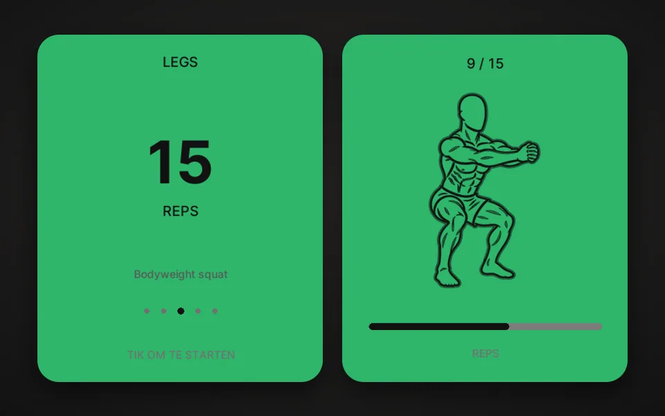 Twee groene schermpjes van SportBillie: links het getal 15 met REPS en Bodyweight squat eronder, rechts 9 / 15 boven de lijntekening van een squat met een balk die voor ruim de helft vol is.