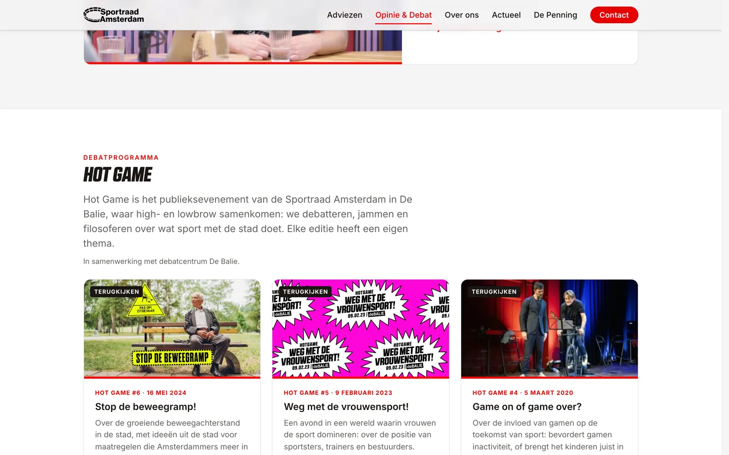 Opinie & Debat bij het blok Hot Game: het label Debatprogramma, de uitleg dat Hot Game het publieksevenement van de Sportraad in De Balie is, en drie kaarten met het label Terugkijken, Stop de beweegramp! uit 2024, Weg met de vrouwensport! uit 2023 en Game on of game over? uit 2020.