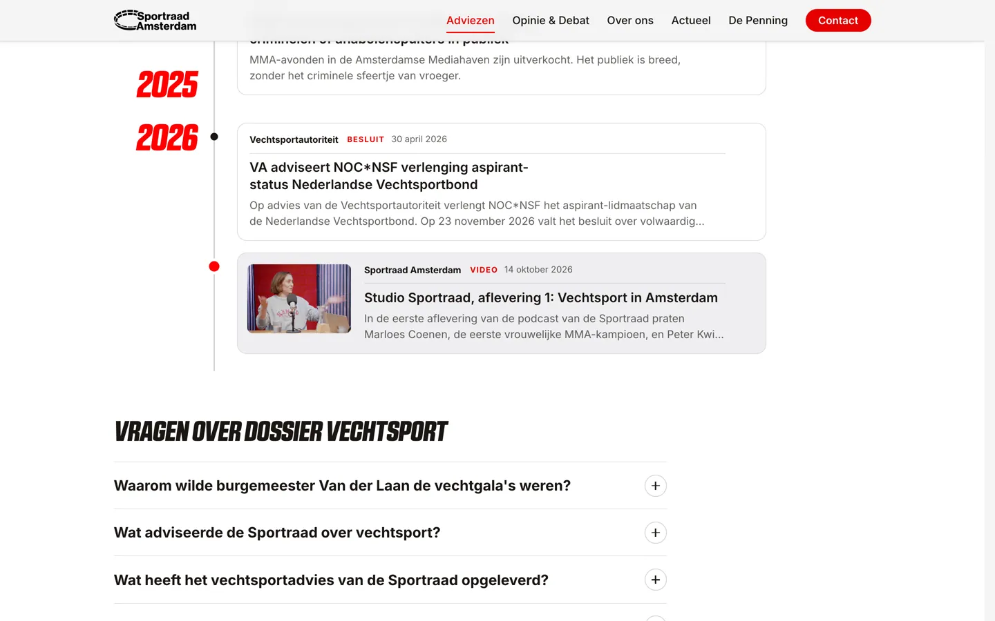 Het eind van de tijdlijn in het dossier Vechtsport: bij 2026 een besluit van de Vechtsportautoriteit van 30 april, en daaronder met een rode stip een kaart met een still uit de studio, het label Video, 14 oktober 2026 en Studio Sportraad, aflevering 1: Vechtsport in Amsterdam.