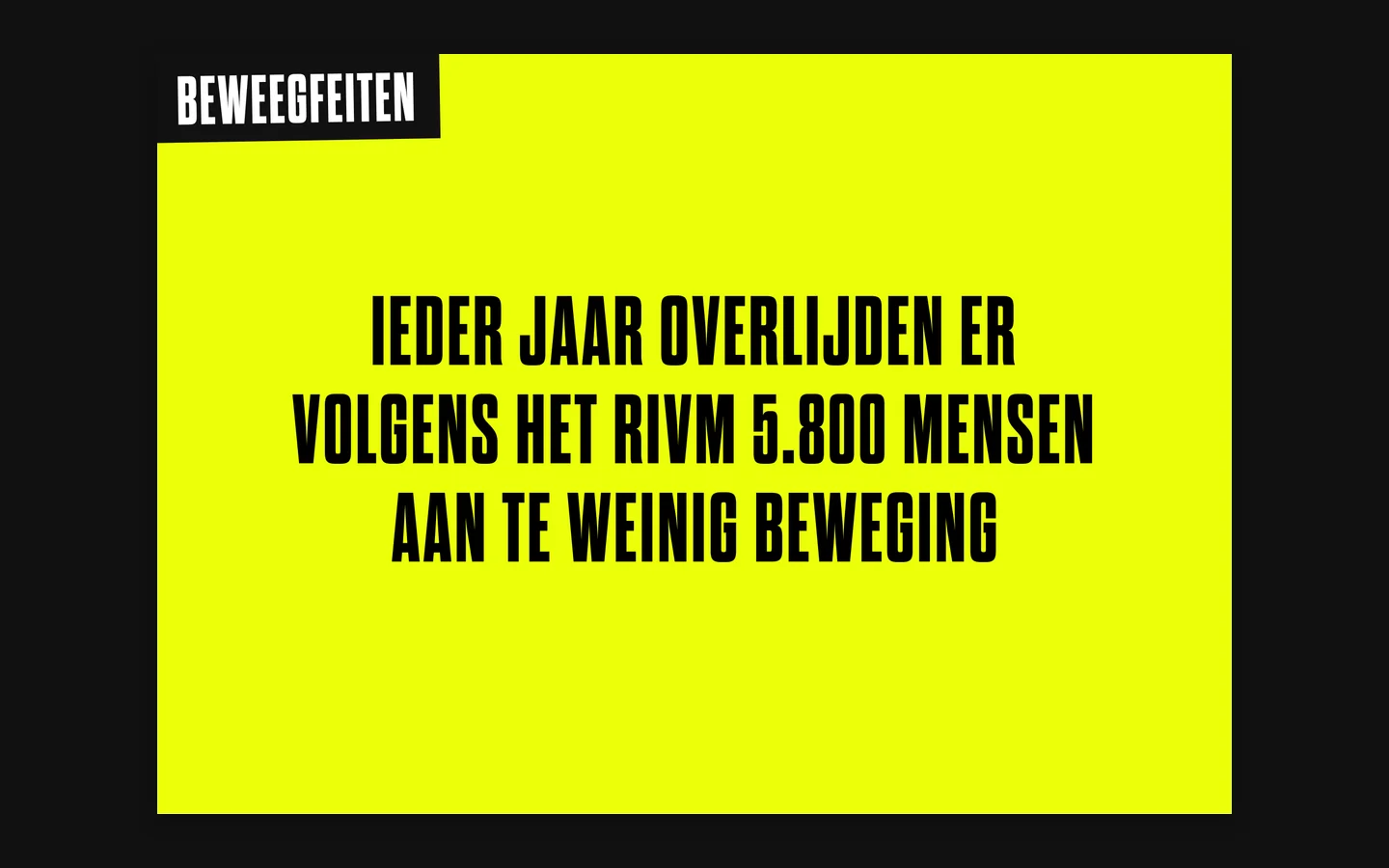 Een gele A2-poster met links bovenin het label Beweegfeiten en in zwarte smalle kapitalen: Ieder jaar overlijden er volgens het RIVM 5.800 mensen aan te weinig beweging.