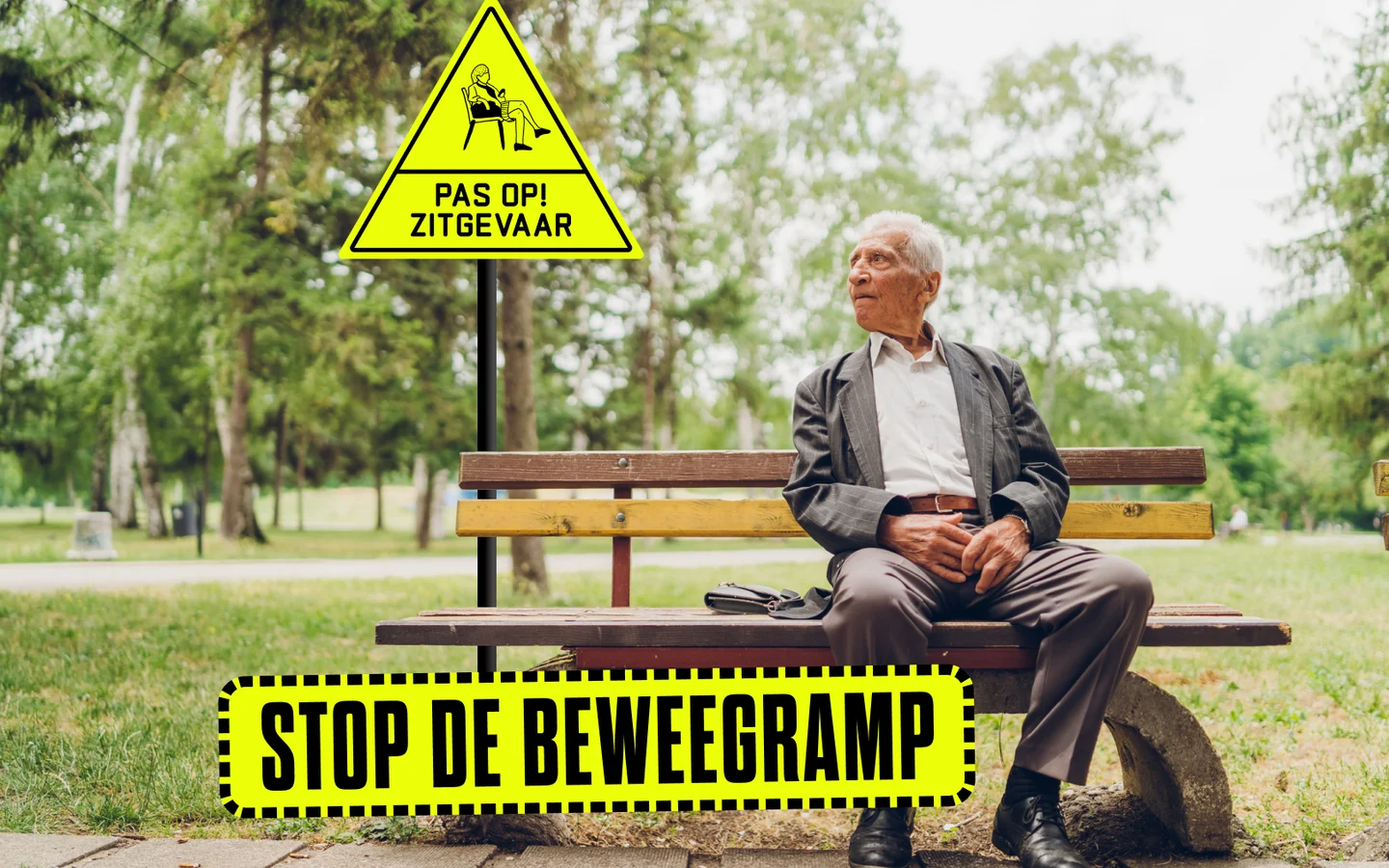 Campagnebeeld Stop de beweegramp: een oudere man op een bankje in een park, erboven een geel waarschuwingsbord Pas op! Zitgevaar en onderin de campagnetitel op een geel-zwart afzetlint.