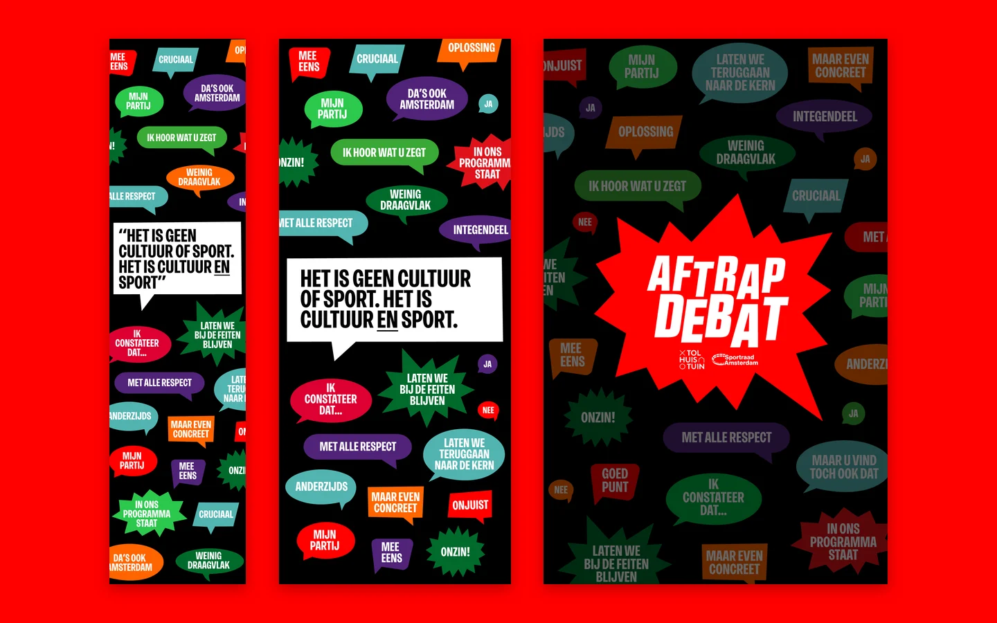 Drie staande ontwerpen voor het debat op een rood vlak: een smalle beachflag en een roll-up vol gekleurde tekstballonnen met een stelling in een witte ballon, en de katheder met in het midden het rode beeldmerk Aftrap debat.