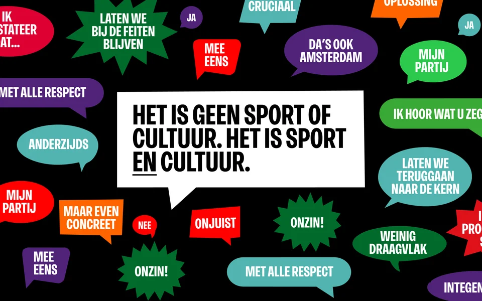 Een debatposter op zwart, vol gekleurde tekstballonnen en sterren met kreten als Mee eens, Onjuist, Met alle respect en Laten we bij de feiten blijven, en in het midden een witte ballon met een stelling over sport en cultuur.