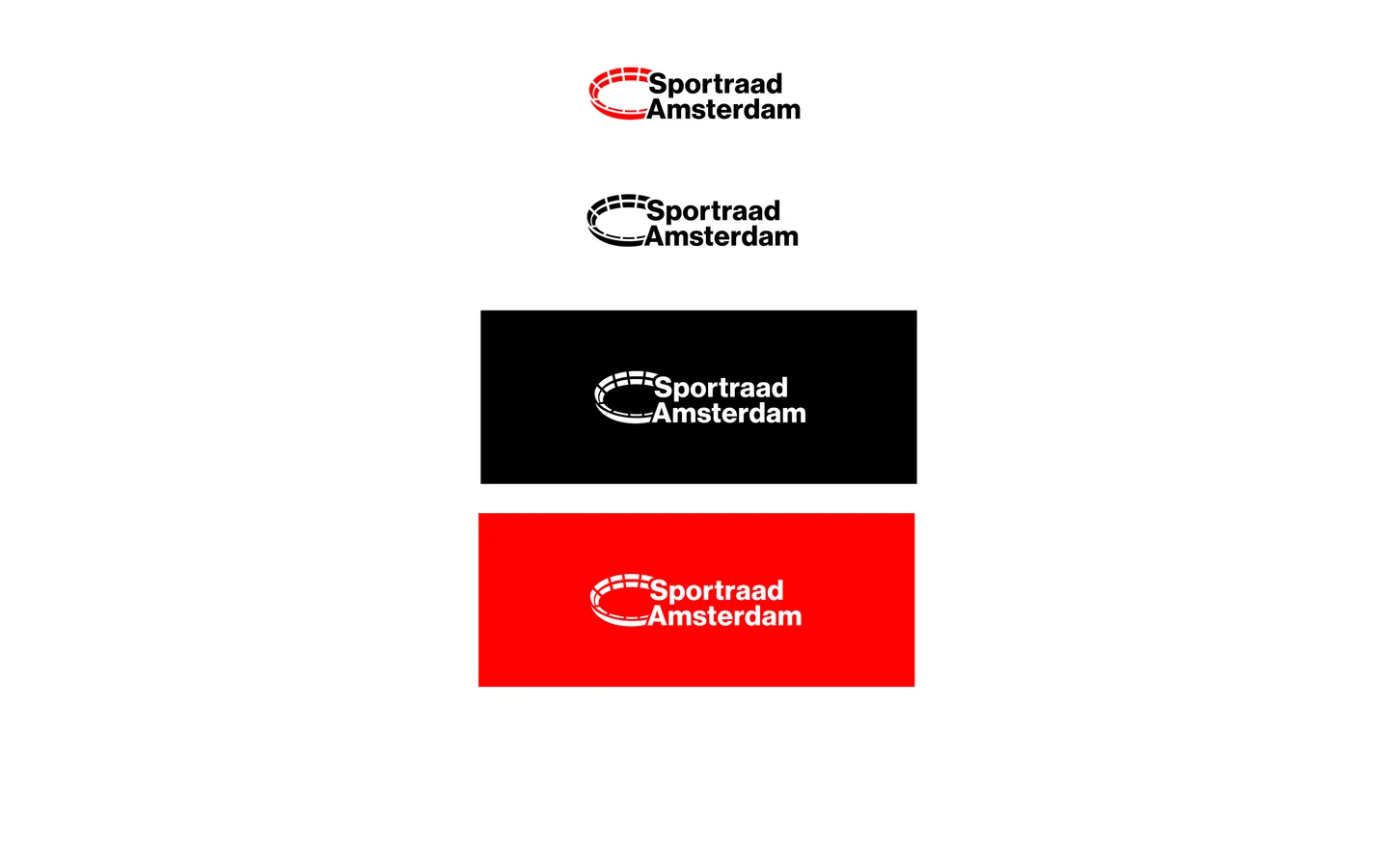 Het woordmerk van de Sportraad Amsterdam in vier standen onder elkaar: met een rode stippelring op wit, helemaal zwart op wit, wit op een zwart vlak en wit op een rood vlak.
