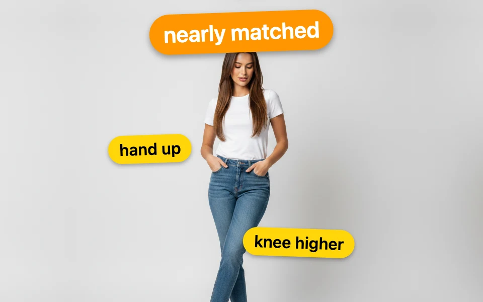Een met AI gegenereerde vrouw met haar handen in haar zakken. Bovenin een oranje sticker met nearly matched, naast haar hand een gele sticker met hand up en naast haar knie een gele met knee higher.