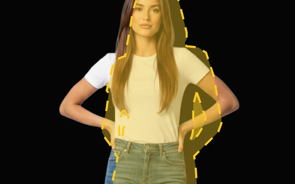 Het bovenlijf van een met AI gegenereerde vrouw met haar handen op haar heupen, met daaroverheen een doorschijnend geel vlak met een gele streepjesrand in de vorm van de pose.