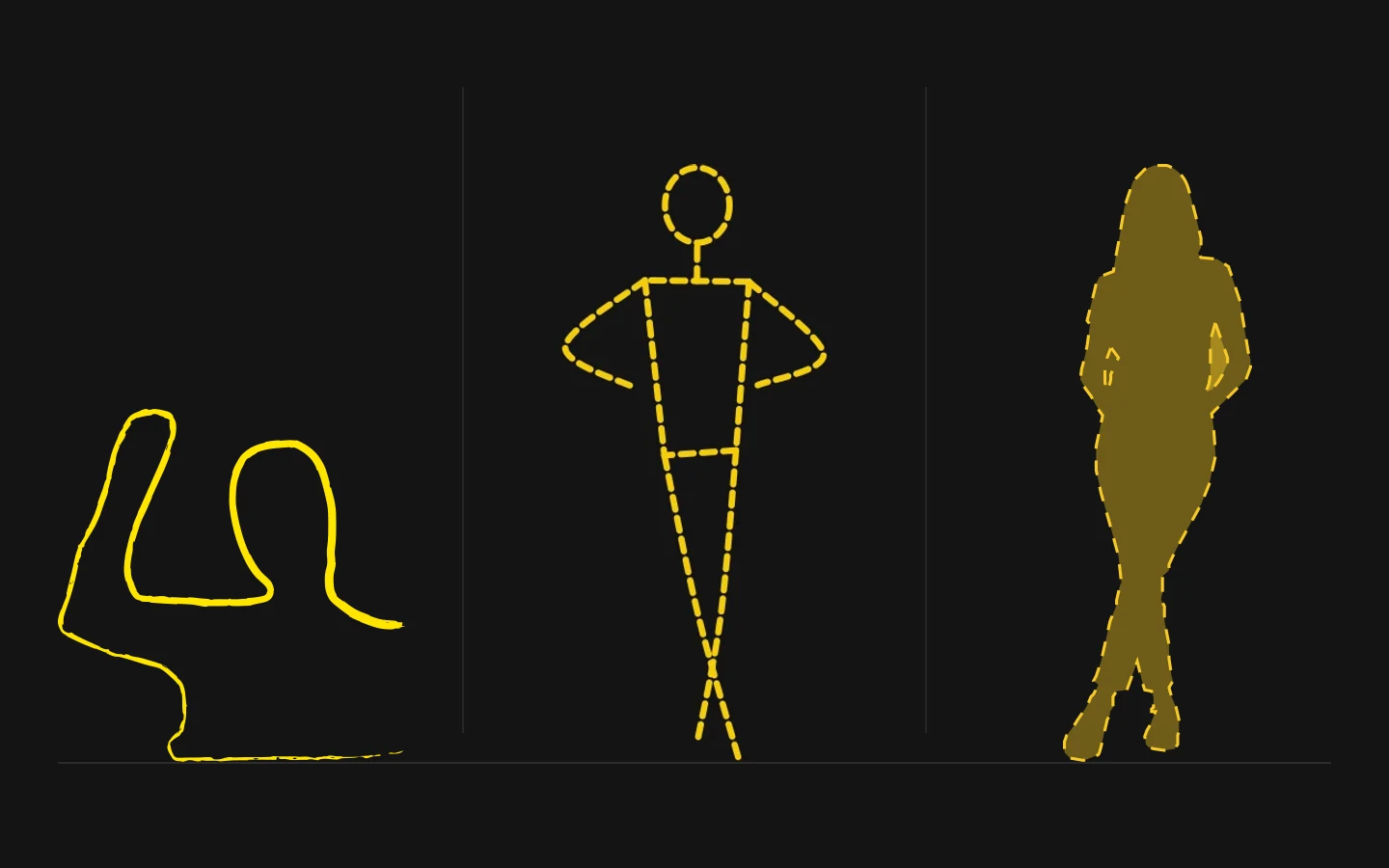 Drie manieren om een pose te tekenen, naast elkaar op een donkere achtergrond, allemaal in geel: links een losse, dikke lijn om een bovenlijf met een opgestoken arm, in het midden een stokfiguur in streepjes met de handen op de heupen, rechts een doorschijnend geel silhouet met een streepjesrand en gekruiste benen.
