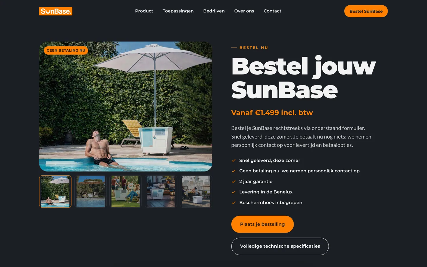 De bestelpagina van SunBase Benelux: links een foto van de SunBase met parasol aan een zwembad met het label Geen betaling nu en vijf kleine foto's eronder, rechts de kop Bestel jouw SunBase, vanaf 1.499 euro inclusief btw, een lijst met vinkjes en de knop Plaats je bestelling.