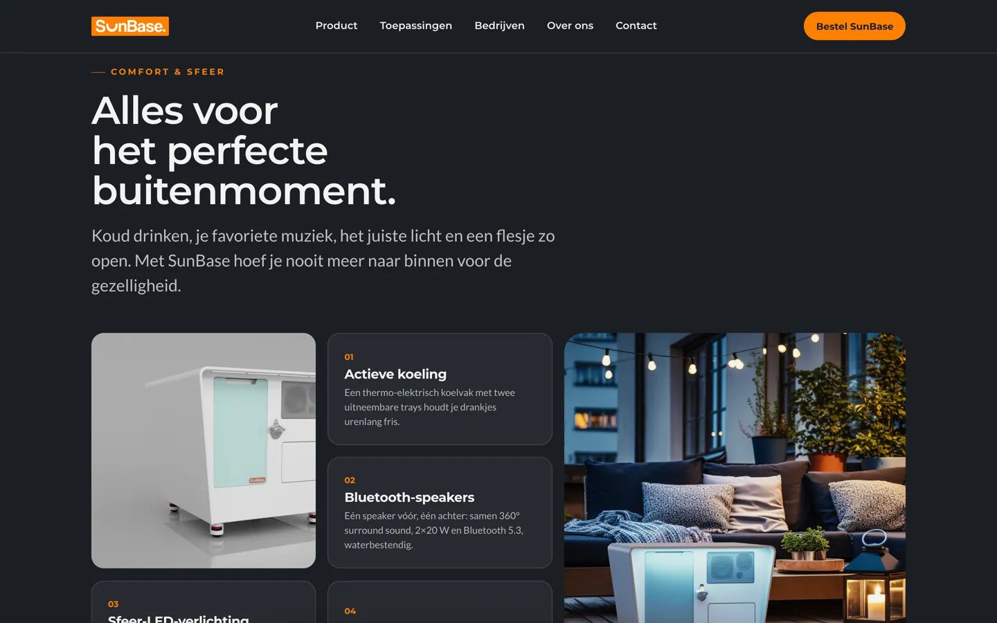 Het blok Alles voor het perfecte buitenmoment op donkere achtergrond: een productfoto van de SunBase op grijs, kaarten Actieve koeling en Bluetooth-speakers, en een foto van de SunBase op een avondterras met lichtjes.