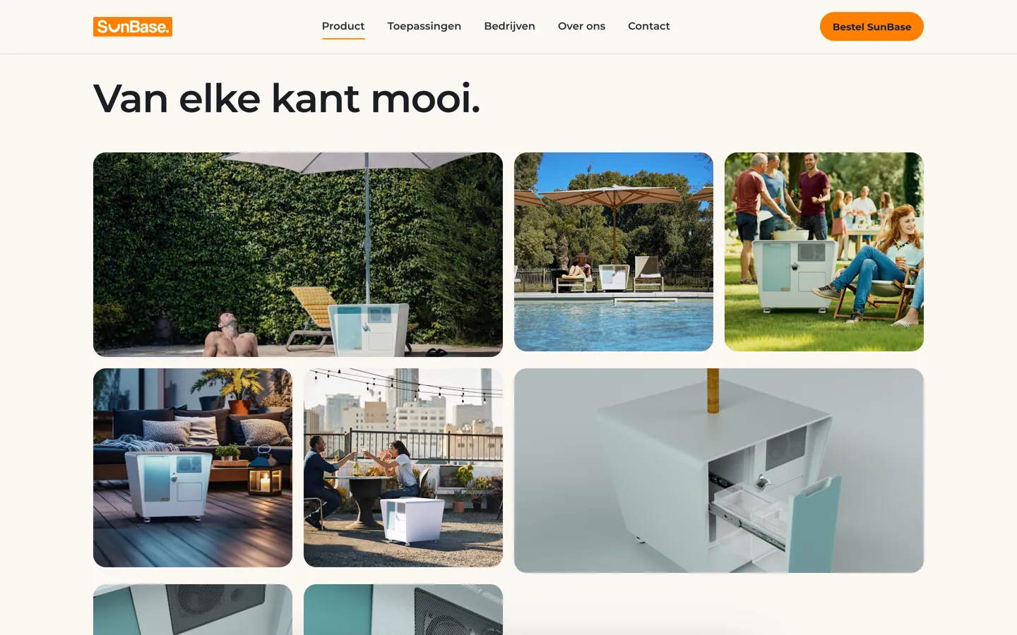 Het blok Van elke kant mooi op de productpagina: een raster van foto's van de SunBase tegen een groene haag, aan een zwembad, in een tuin met mensen, in een woonkamer, op een dakterras en een close-up van de koellade.