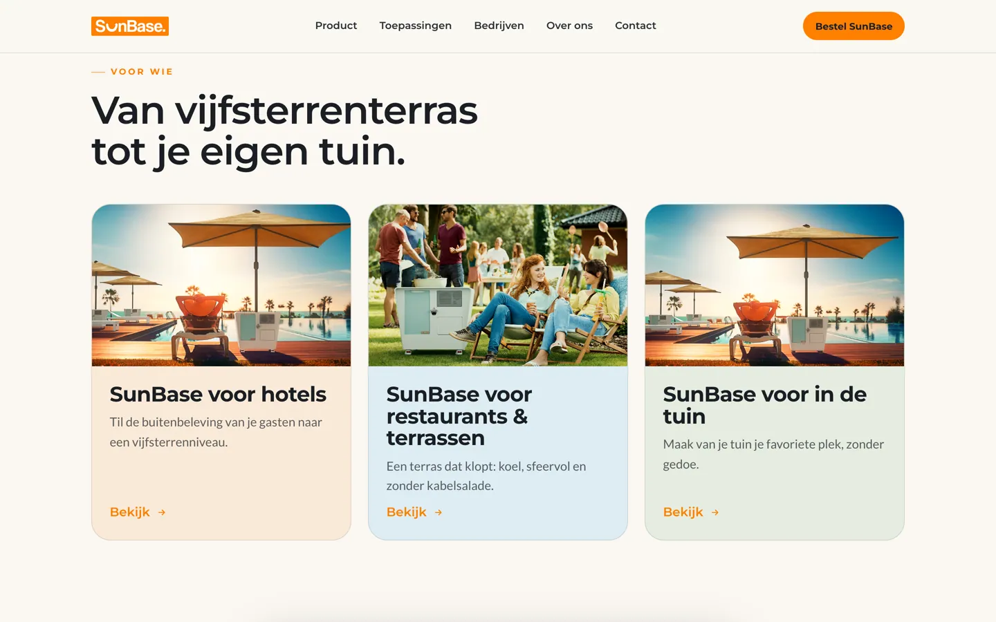 Het blok Van vijfsterrenterras tot je eigen tuin: drie kaarten met een foto, SunBase voor hotels, SunBase voor restaurants en terrassen en SunBase voor in de tuin, elk op een eigen zachte tint met een link Bekijk.