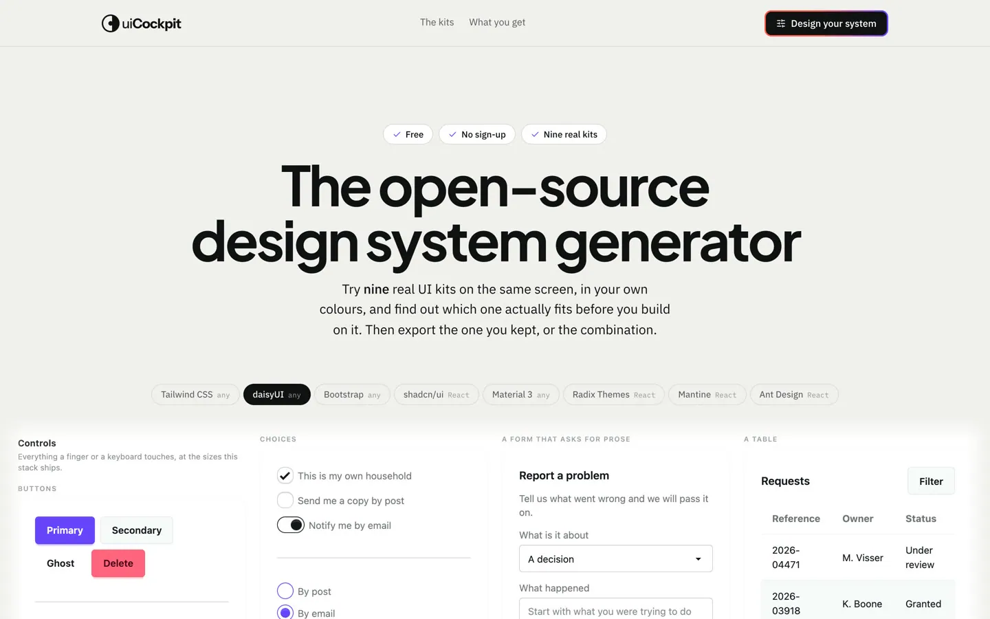 De landing van UIcockpit: The open-source design system generator, de negen kits als tabs en daaronder live componentvoorbeelden in dezelfde huisstijl.