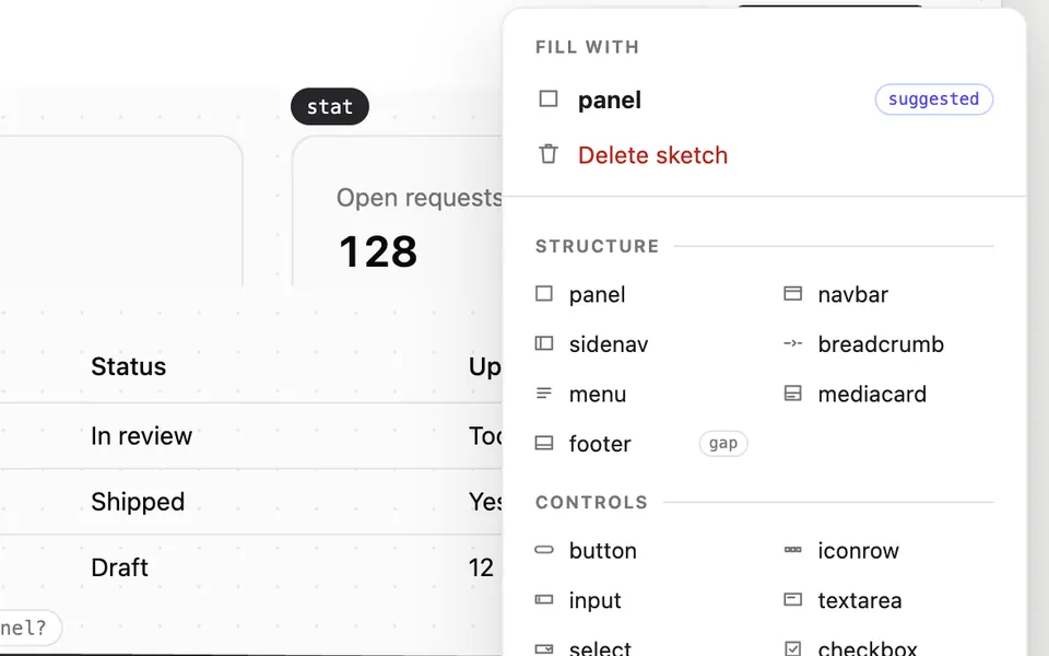 Het rechtsklikmenu van UIDraw naast een tabel: bovenaan Fill with met panel en het label suggested, daaronder Delete sketch, en de onderdelen onder Structure en Controls, met bij footer het label gap.