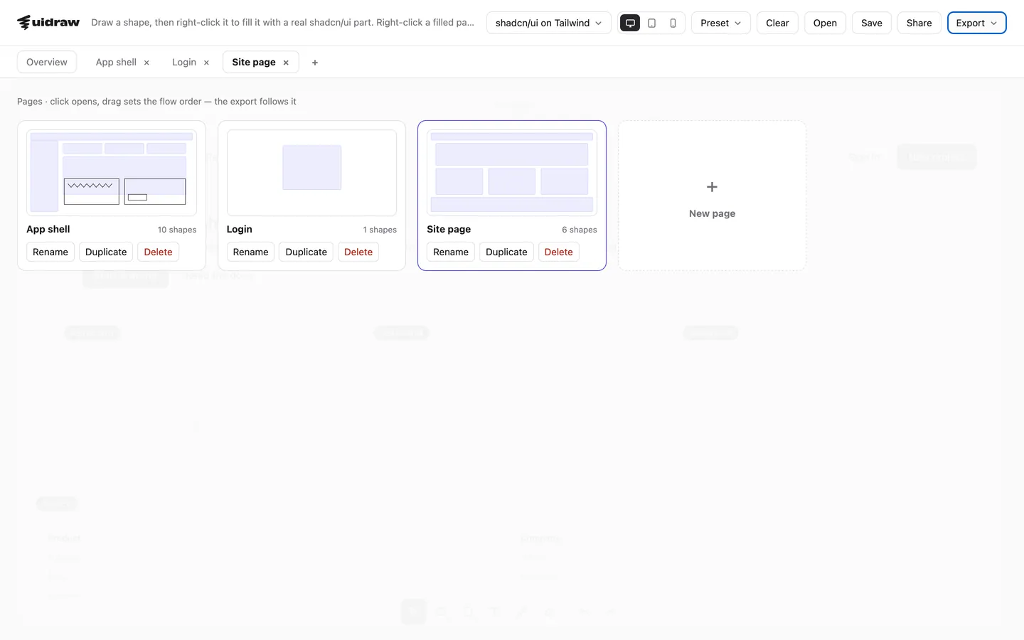 Het overzicht van UIDraw met drie pagina's als schetsjes naast elkaar: App shell met 10 shapes, Login en Site page, elk met de knoppen Rename, Duplicate en Delete, en een vak New page.