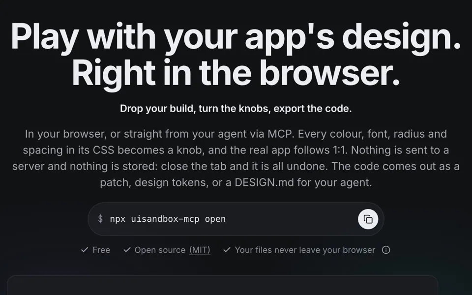 De kop van uisandbox.org: Play with your app's design. Right in the browser, met eronder de uitleg en het commando npx uisandbox-mcp open in een kopieerveld.