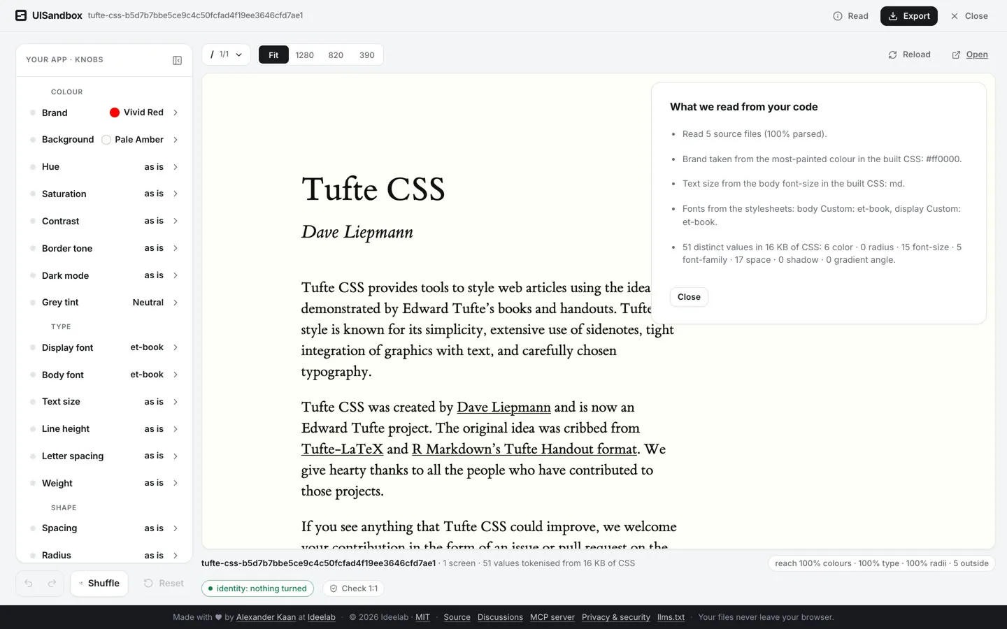 De editor van UISandbox met de repo van Tufte CSS geladen: links de knoppen voor merk, achtergrond, tint, verzadiging, contrast, letter, maat en spacing, rechts de pagina die live meebeweegt, en een paneel met wat er uit de code gelezen is.