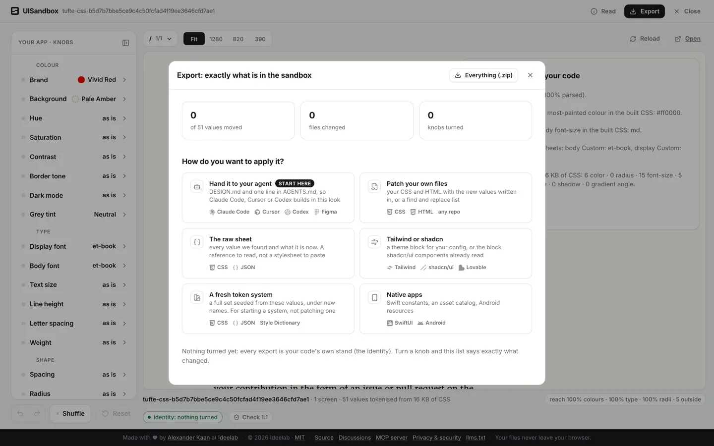 Het exportvenster van UISandbox: precies wat er in de sandbox staat, met de keuze tussen een patch voor je agent, je eigen bestanden, het ruwe blad, tokens en een verse tokenlaag.