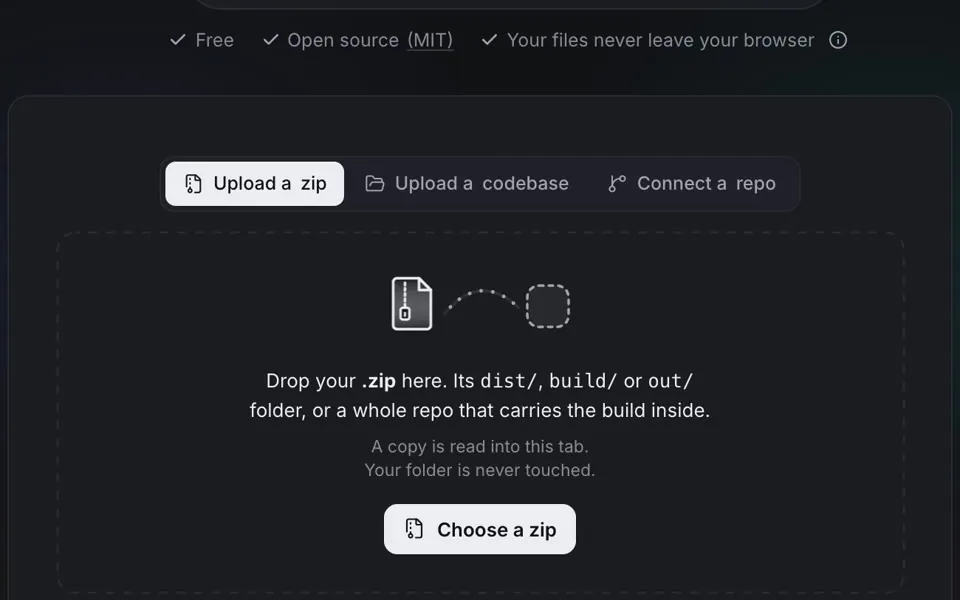 De intake van UISandbox met drie tabs, Upload a zip, Upload a codebase en Connect a repo, en een sleepvlak voor de dist-, build- of out-map.