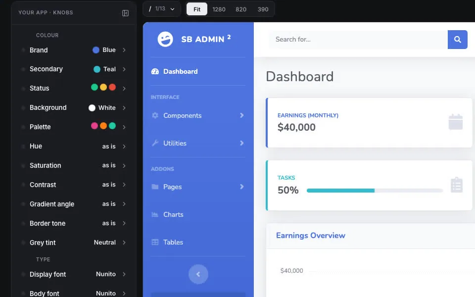 Het knoppenpaneel van UISandbox naast een geladen dashboard: kleur (brand, secondary, status, background, palette), hue, saturation, contrast en de eerste letterknoppen.