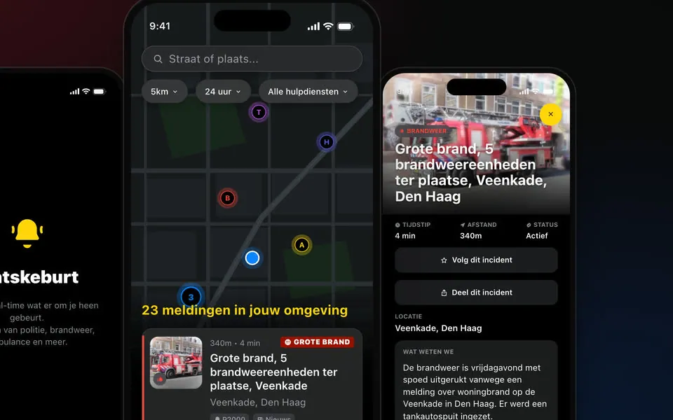 De kaart van Watskeburt op een telefoon: zoekveld, filters op afstand, tijd en hulpdienst, gekleurde speldjes op een donkere kaart en de regel 23 meldingen in jouw omgeving.