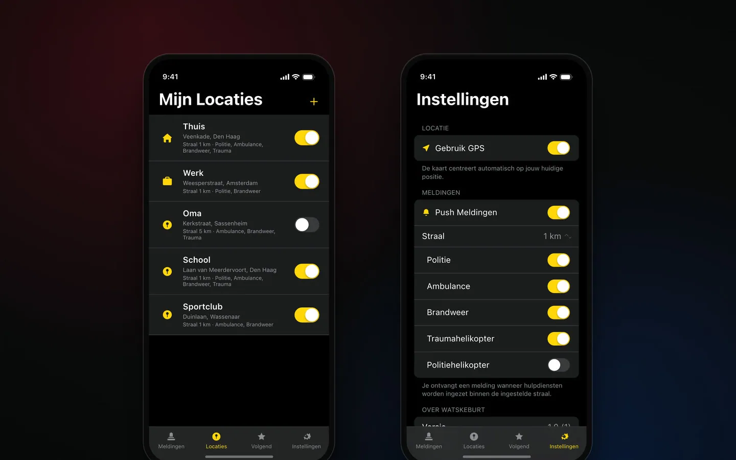 Het locatiescherm van Watskeburt met vijf opgeslagen plekken en per plek een straal, naast het instellingenscherm met een schakelaar per hulpdienst.